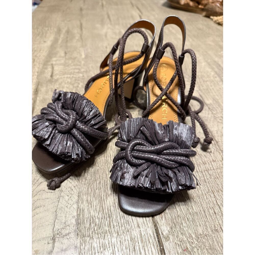TORY BURCH brown ROPE FRINGE 65MM-HEELED LEATHER SANDAL US 7